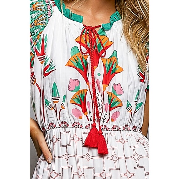 POL Hand Block Printed Cotton Tiered Midi Dress Flutter Sleeve Floral MEDIUM - Picture 7 of 8